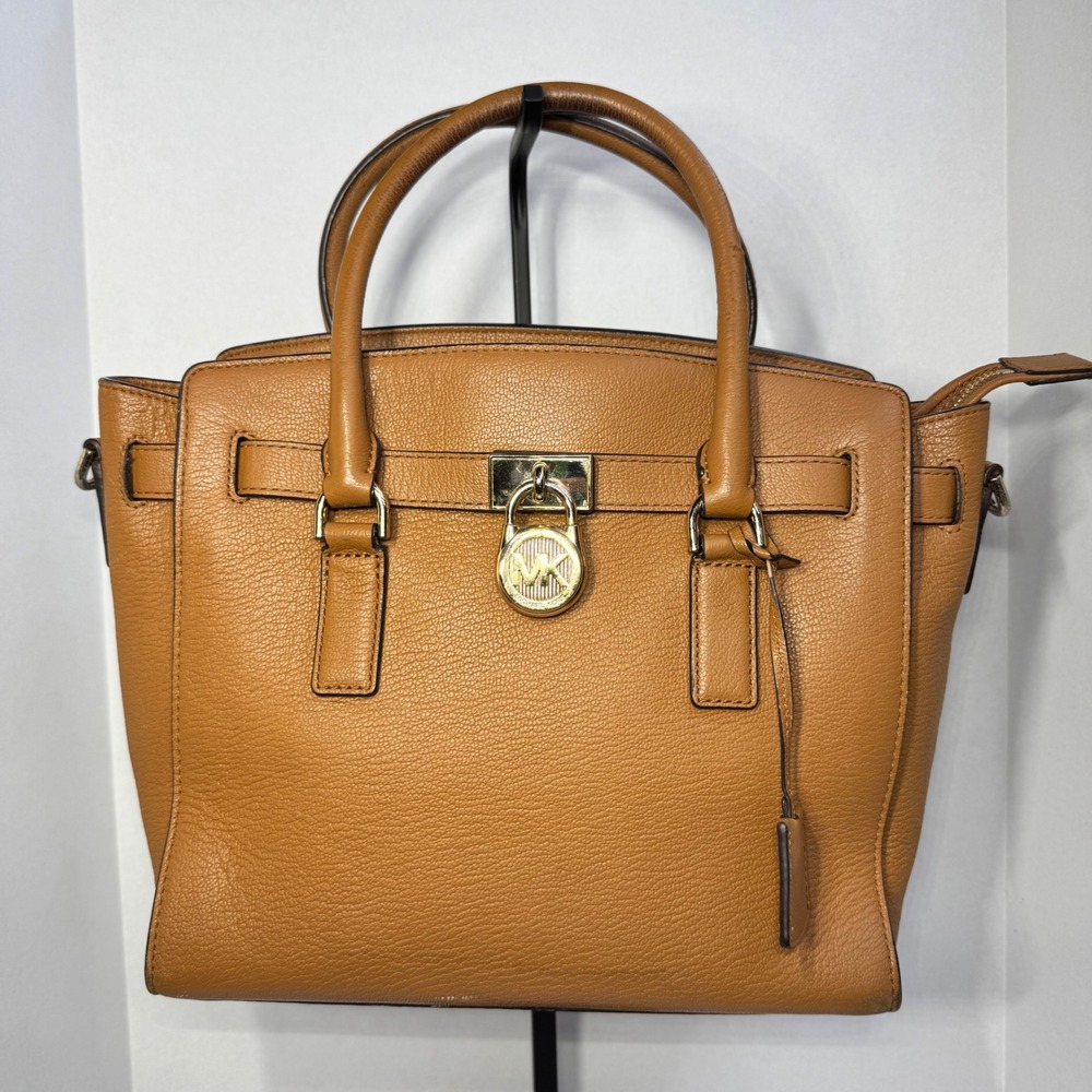 Michael Kors Hamilton Satchel Acorn Brown Pebbled Leather Gold Lock Hand Bag